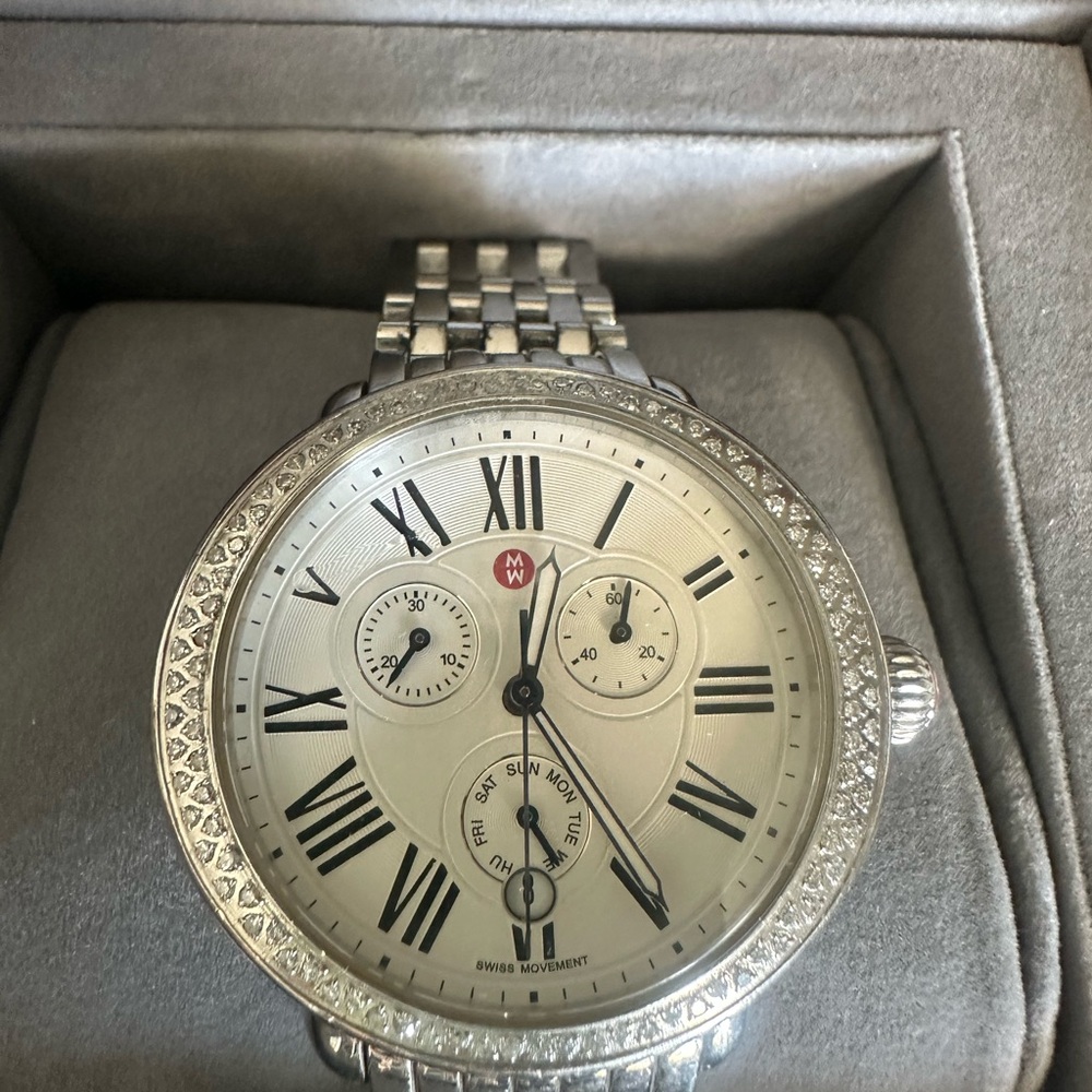 Michele Silver Watch with Roman Numerals. Links and box included!